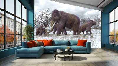 An illustration of a herd of Woolly Mammoths grazing in the early morning frost.  Wall mural