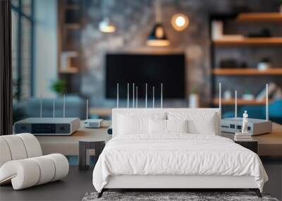 A collection of different models and sizes of wireless routers with multiple antennas on a table, with a modern living room in the background. Wall mural