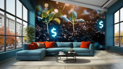 Digital artwork displaying two small plants emerging from soil with glowing dollar signs, symbolizing financial growth or investment concept. Wall mural