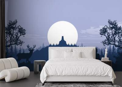 Landscape of Borobudur, Beautiful scenery in Borobudur Indonesia with deer and statue vector illustration Wall mural