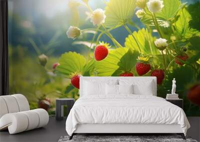 A delicate strawberry plant flourishes in a berry field, warmed by the midday summer sun Wall mural