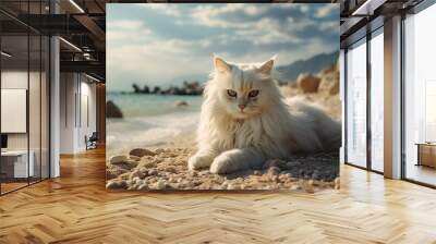 angora cat sitting on the beach pet traveling concept Wall mural