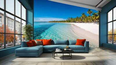 Beautiful beach with white sand and turquoise water and clear blue sky.  Wall mural