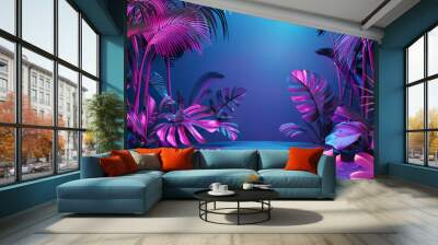 beauty fashion podium backdrop with neon light and tropical leaves Wall mural