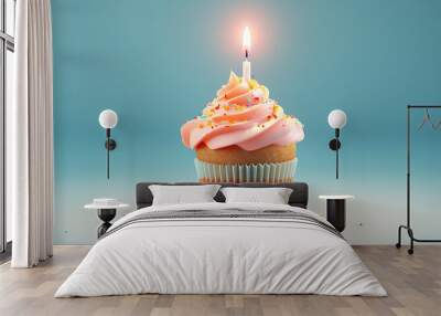 Birthday cupcake with one candle 3D rendering.  Wall mural