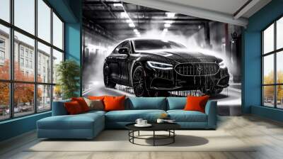 Black car being cleaned with soap car washing concept Wall mural