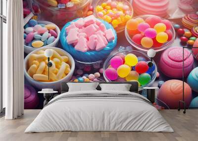 blue background with colorful candies jelly sugar in sunlight Wall mural