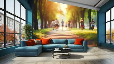 blurred background of people walking and running at park outdoor Wall mural