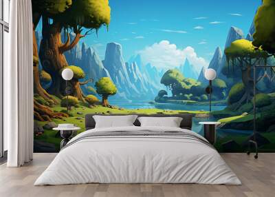 cartoon game background with bright blue sky Wall mural