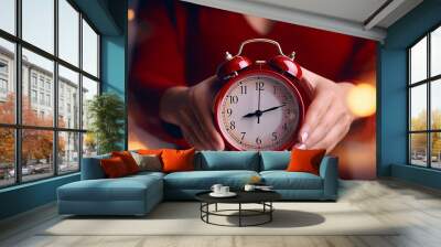 close up of red alarm clock in a female hand manicure Wall mural