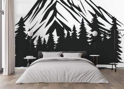 A black and white illustration of a mountain range with a winding river in the foreground and a row of trees in the middle ground. Wall mural