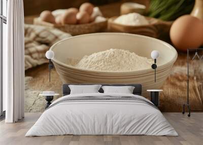 A bowl of flour surrounded by eggs and additional flour, ready for baking. Wall mural