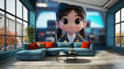 A cheerful animated character in a uniform, set in a control room. Wall mural