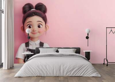 A cheerful animated girl with a playful expression against a pink background. Wall mural