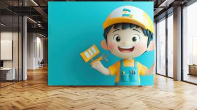 A cheerful cartoon boy holding painting tools against a colorful wall. Wall mural