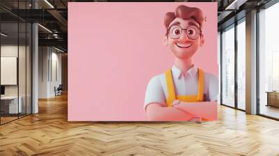 A cheerful cartoon character in work attire, standing confidently with tools in the background. Wall mural