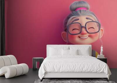 A cheerful cartoon character with glasses and a bun, holding stationery against a pink background. Wall mural