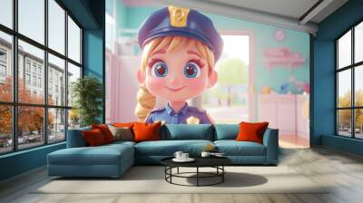 A cheerful cartoon police officer stands in a bright, colorful room. Wall mural