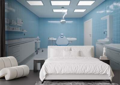 A clean, modern medical examination room with a blue color scheme and essential equipment. Wall mural