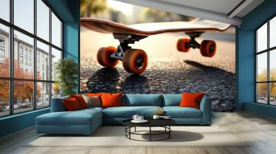 A close-up of a skateboard resting on a textured surface, showcasing its wheels and deck. Wall mural