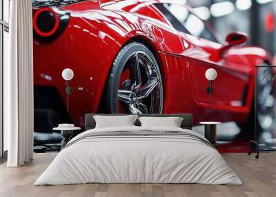 A close-up of a sleek red sports car showcasing its design and shiny wheels. Wall mural