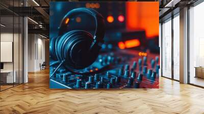 A close-up of headphones resting on a mixing console in a music production environment. Wall mural