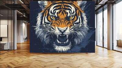 A close-up portrait of a roaring tiger's head with a blue and white grunge background. Wall mural