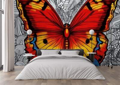 A colorful butterfly with orange, yellow, red, and blue wings, set against a swirling, abstract background. Wall mural