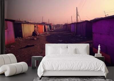 A colorful view of informal housing in a settlement, highlighting social issues and living conditions. Wall mural