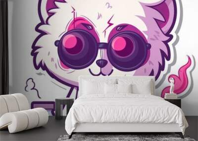 A cute cartoon character resembling a cat in a lab coat, experimenting with colorful potions. Wall mural