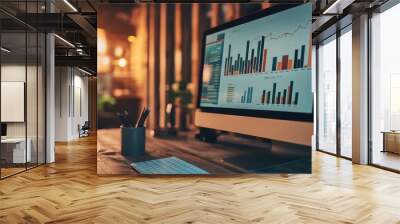 A desk with a computer displaying various financial and statistical graphs. Wall mural