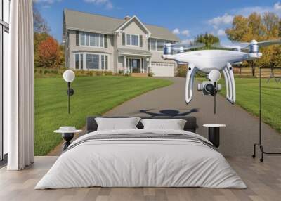 A drone hovering near a modern house on a sunny day, showcasing technology in a residential setting. Wall mural