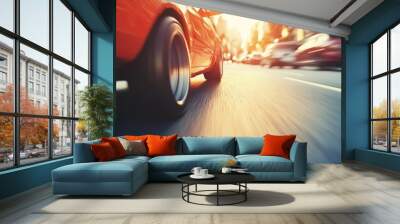 A dynamic view of a speeding car on a city street during sunset. Wall mural