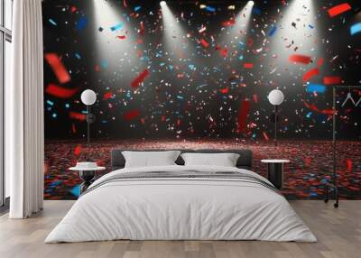 A festive scene with colorful confetti falling under bright stage lights. Wall mural