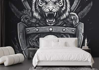 A fierce white tiger with a skull in front of a shield flanked by axes. Wall mural