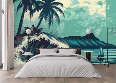 A large wave crashes onto a beach with a surfboard riding the crest, a sailboat in the distance, and palm trees silhouetted against the moon. Wall mural