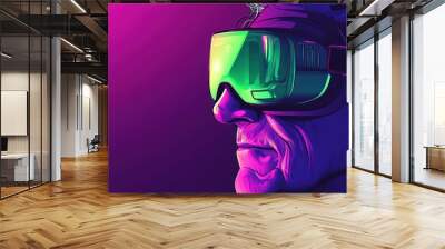 A man wearing virtual reality goggles looks into the distance, illuminated by a colorful, vibrant neon light. Wall mural