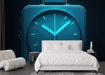 A modern blue alarm clock with glowing hands reflecting on a surface. Wall mural