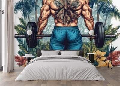 A muscular man lifting weights with a tropical background featuring palm trees and flowers. Wall mural