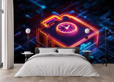 A neon-lit digital safe with a clock, symbolizing security and time management. Wall mural