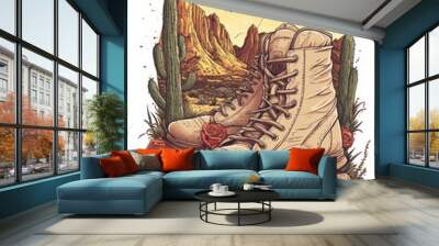 A pair of rugged boots surrounded by cacti and roses against a sunset landscape. Wall mural