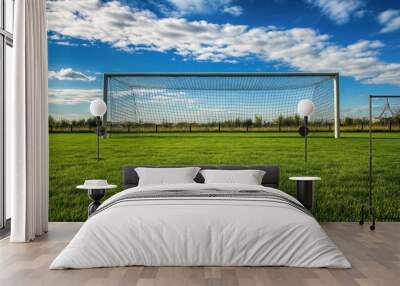 A soccer goalpost on a grassy field under a blue sky with clouds. Wall mural