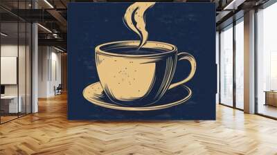 A steaming cup of coffee with a vintage style illustration on a blue background. Wall mural