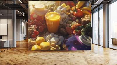 A vibrant assortment of fresh fruits, snacks, and beverages arranged for a healthy feast. Wall mural