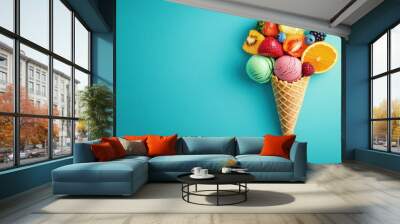 A waffle cone filled with two scoops of ice cream and surrounded by fresh fruits and berries on a blue background. Wall mural