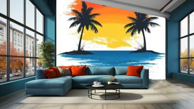 A watercolor illustration of a tropical sunset with two palm trees and seagulls flying in the sky. Wall mural