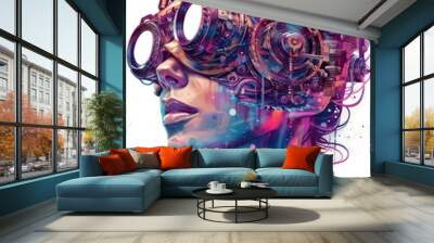 A woman's face with steampunk goggles and gears, painted in a digital art style with vibrant colors. Wall mural