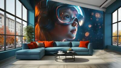 A young girl wearing VR goggles, looking up at a futuristic scene of lights and particles. Wall mural