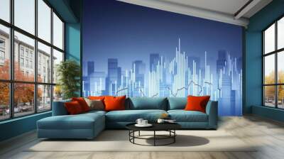 Abstract graphic depicting a city skyline with data visualization elements. Wall mural