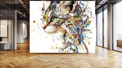 Abstract portrait of a cat with colorful details and splashes of paint. Wall mural